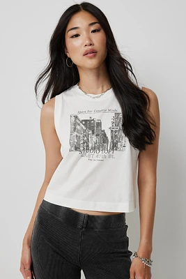 Ardene Graphic Boxy Muscle Tank in White | Size Large | 100% Cotton