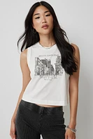 Ardene Graphic Boxy Muscle Tank in White | Size Large | 100% Cotton