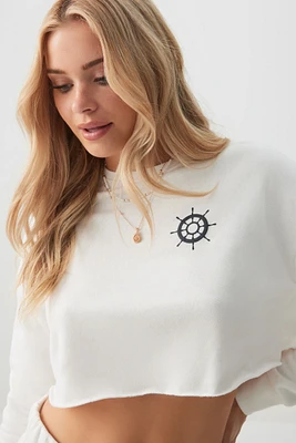 Ardene Crop Graphic Sweatshirt in White | Size | Polyester/Cotton | Fleece-Lined