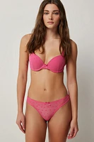 Ardene Flocked Heart Mesh Thong Panty in Pink | Size Large | Nylon/Elastane