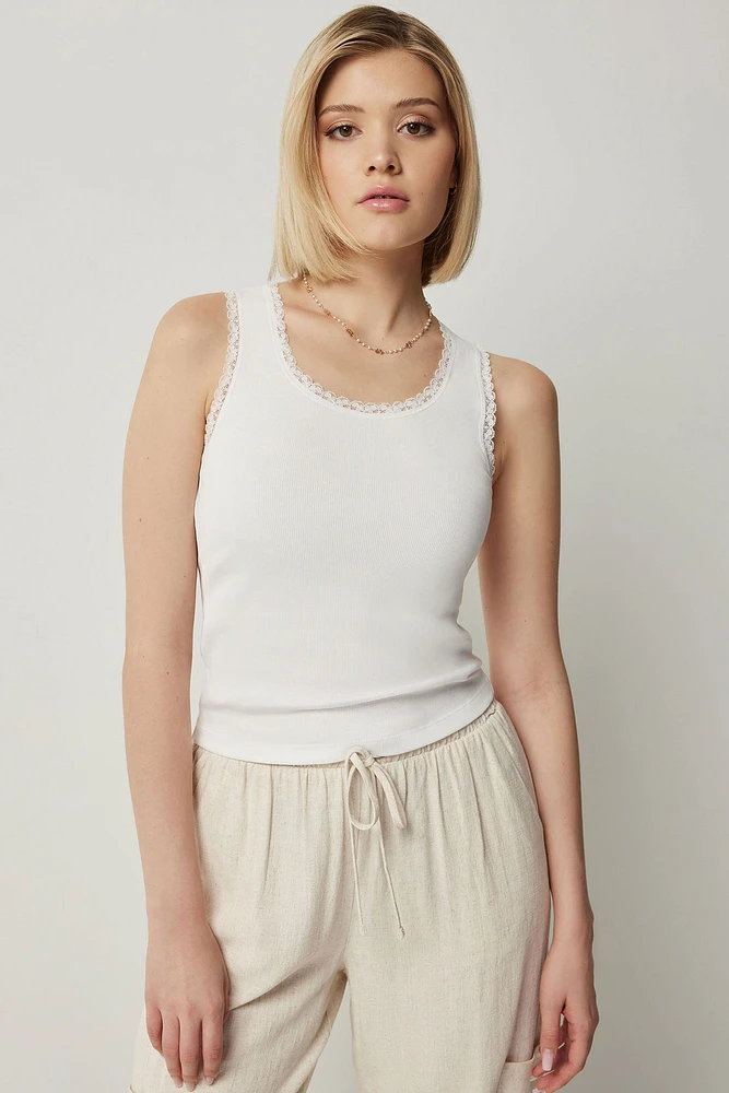 Ardene Lace Trim Tank Top in White | Size Large | Cotton/Elastane