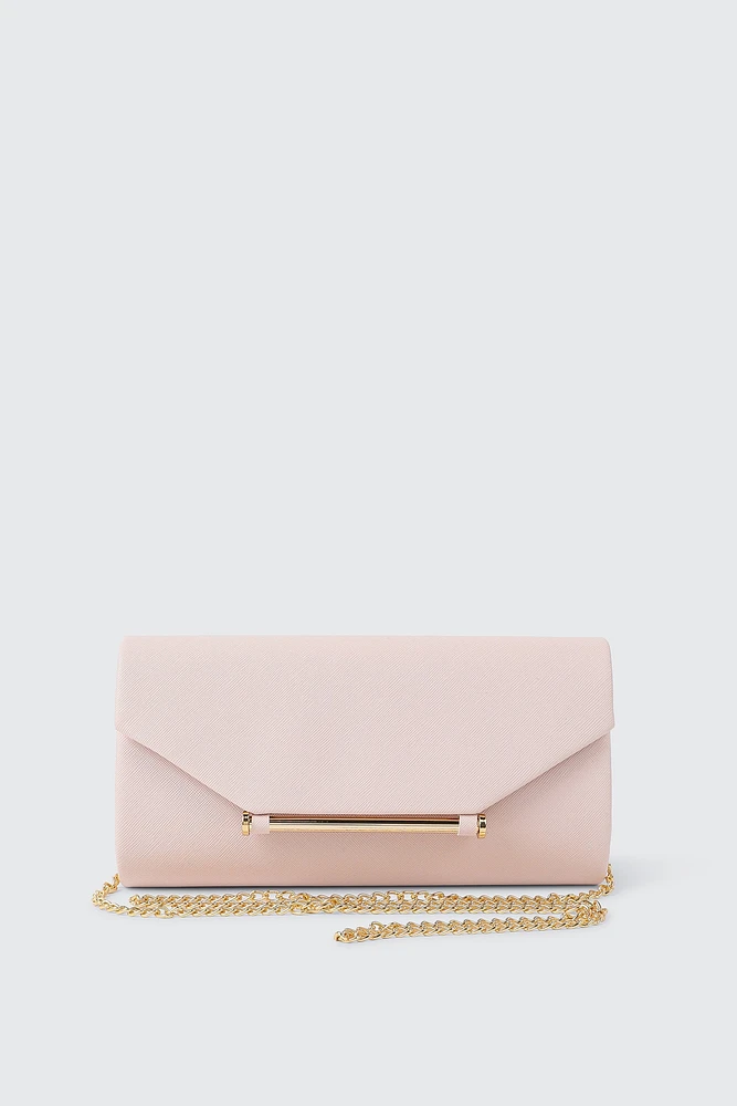 Ardene Clutch with Gold Tone Bar Detail in Light Pink | Polyester