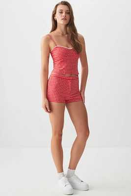 Ardene Plaid High Rise Short Shorts in Red | Size | Rayon/Nylon/Spandex