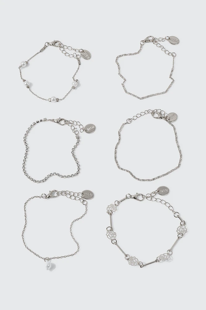 Ardene 6-Pack Pearl & Flower Chain Bracelets in Silver