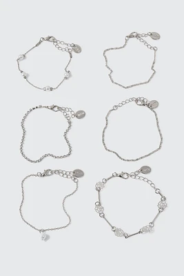 Ardene 6-Pack Pearl & Flower Chain Bracelets in Silver