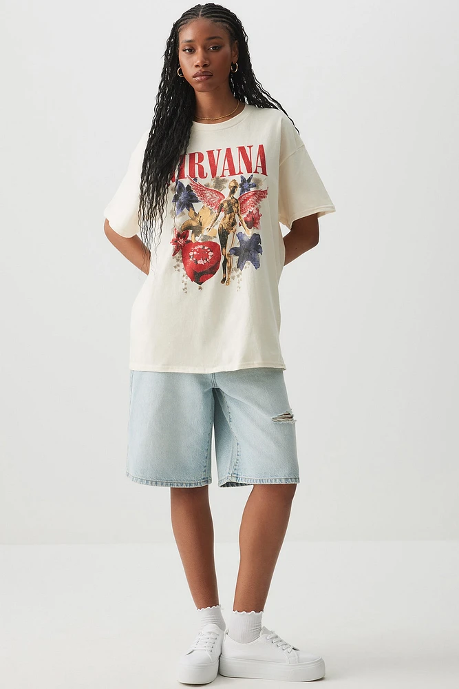 Ardene Oversized Nirvana T-Shirt in Beige | Size XL | 100% Cotton