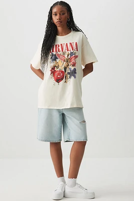 Ardene Oversized Nirvana T-Shirt in Beige | Size XL | 100% Cotton