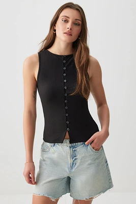 Ardene Super Soft Rib Button Front Tank in Black | Size XS | Polyester/Elastane | Eco-Conscious