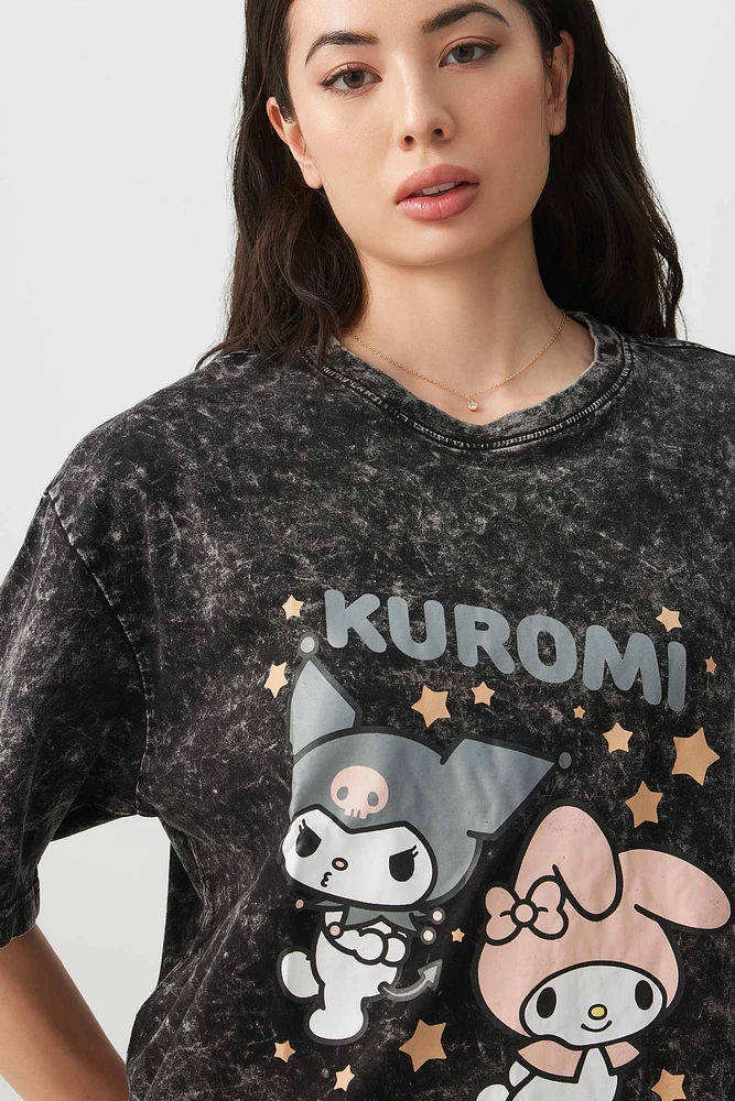 Ardene Washed Kuromi & My Melody T-Shirt in Black | Size Large | 100% Cotton