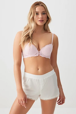 Ardene Lace Trim Boxer Shorts with Bows in White | Size | 100% Cotton
