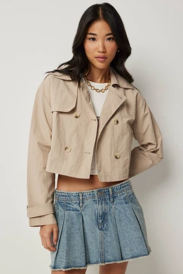 Ardene Water Repellant Crop Trench Coat in Beige | Size Large | Polyester/Polyamide
