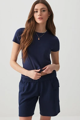 Ardene Basic Short Crew Neck T-Shirt in Dark Blue | Size Large | Cotton/Elastane | Eco-Conscious