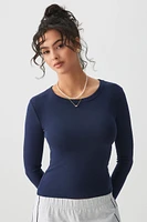Ardene Long Sleeve Crew Neck T-Shirt in Dark Blue | Size Large | Cotton/Elastane