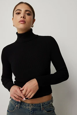 Ardene Short Turtleneck Rib Sweater in Black | Size Large | Nylon/Viscose