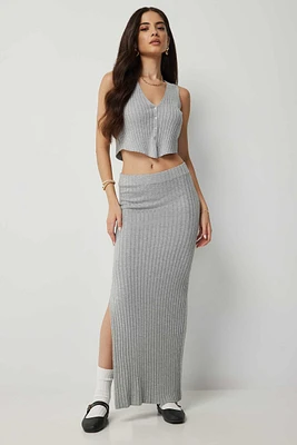 Ardene Maxi Knit Skirt with Slit in Grey | Size Large | Nylon/Viscose
