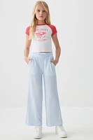 Ardene Kids Striped Wide Leg Pants in Light Blue | Size Small | Polyester/Spandex