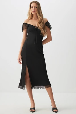 Ardene Mesh Midi Dress with Slit in Black | Size | Polyester/Spandex