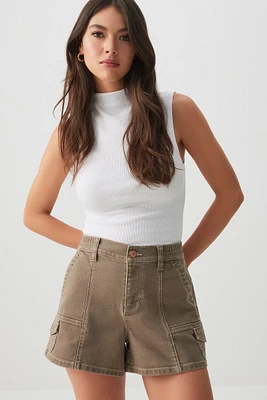 Ardene Contrast Stitch High Rise Midi Shorts in Beige | Size | Polyester/Spandex/Cotton