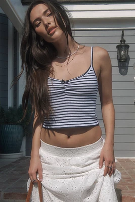 Ardene Striped Pointelle Crop Tank Top in Dark Blue | Size | 100% Cotton