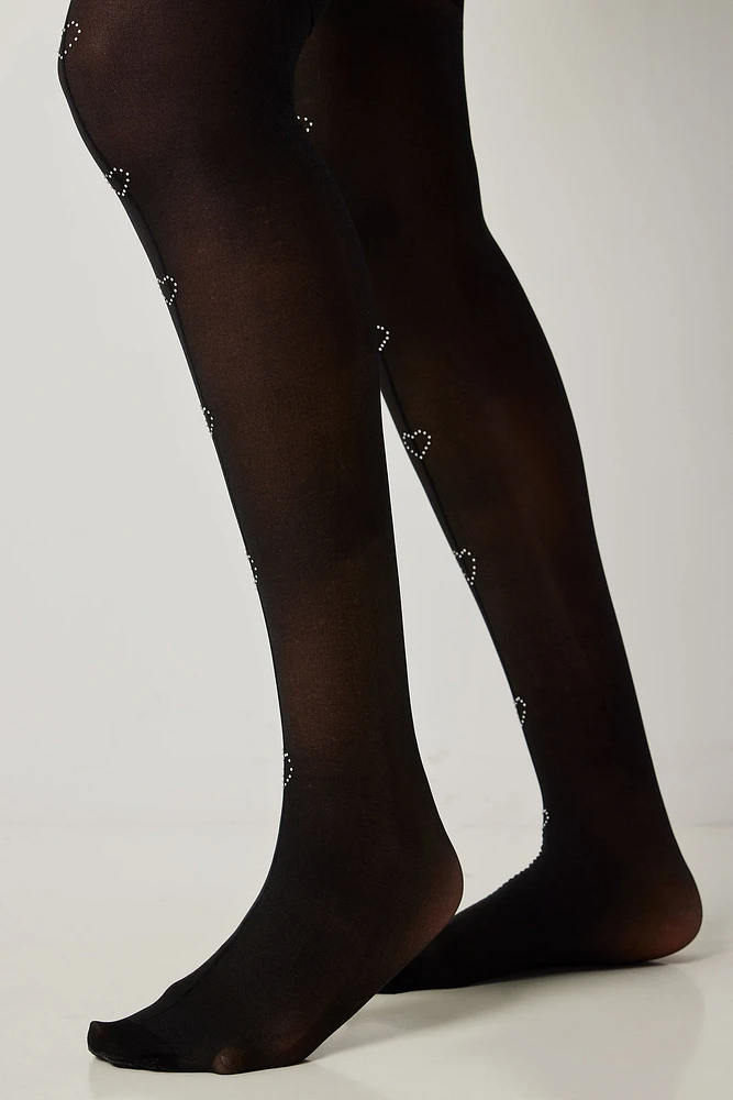 Ardene Tights with Heart Crystals in Black | Size Large | Polyester/Nylon/Spandex