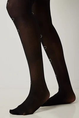 Ardene Tights with Heart Crystals in Black | Size Large | Polyester/Nylon/Spandex