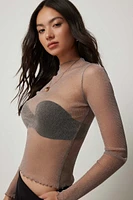 Ardene A.C.W. Long Sleeve Sparkly Mesh Top in Beige | Size Small | Polyamide