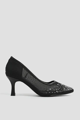 Ardene Embellished Mesh Pumps in Black | Size | Faux Leather