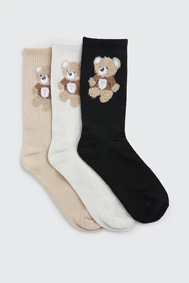 Ardene 3-Pack Fuzzy Bear Crew Socks in Beige | Polyester/Spandex