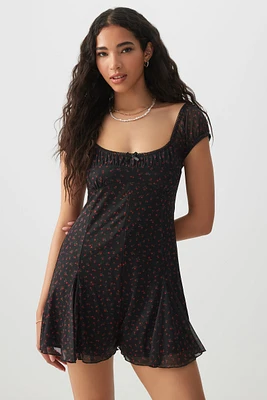 Ardene Floral Mesh Romper in Black | Size | Polyester/Elastane