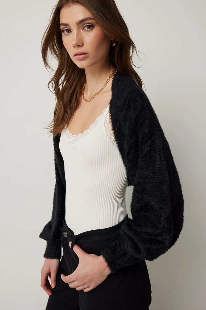 Ardene Ultra Crop Cable Knit Bolero in Black | Nylon