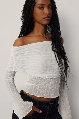 Ardene Mesh Off Shoulder Top in White | Size | Nylon/Elastane