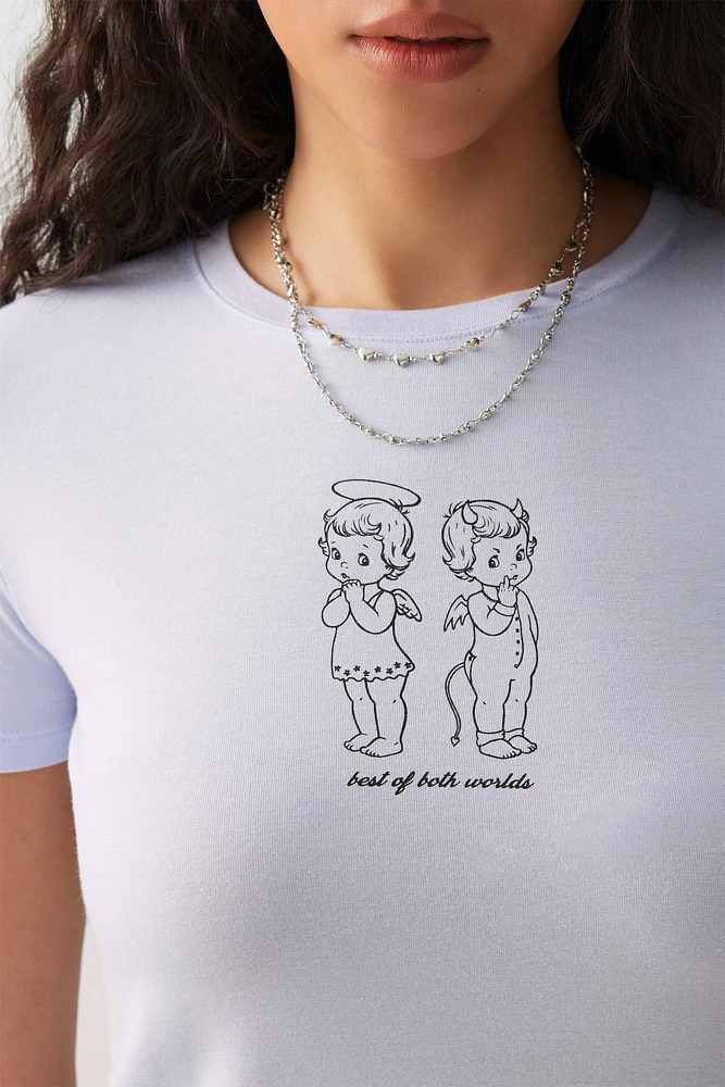 Ardene Fitted Graphic T-Shirt in Light Blue | Size XS | Rayon/Spandex