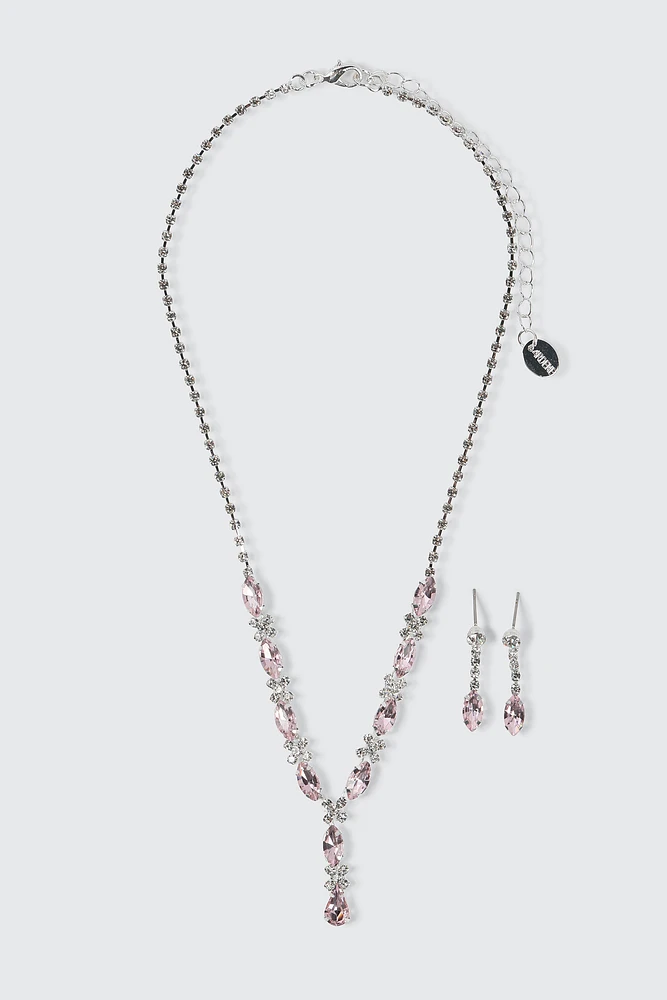 Ardene Pink Stone Y Necklace & Earring Set in Silver | Stainless Steel