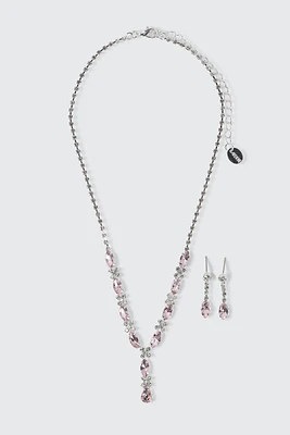 Ardene Pink Stone Y Necklace & Earring Set in Silver | Stainless Steel