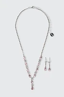Ardene Pink Stone Y Necklace & Earring Set in Silver | Stainless Steel