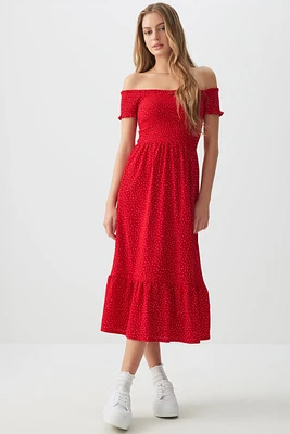 Ardene Smocked Off Shoulder Midi Dress in Red | Size XS | Polyester/Elastane