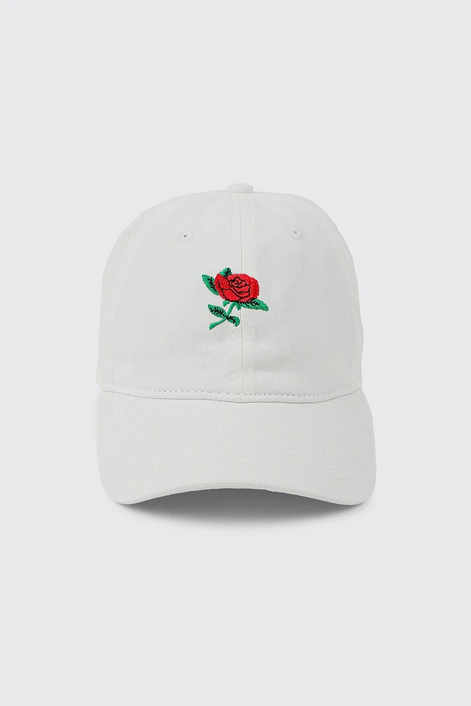 Ardene Rose Embroidered Cap in White | 100% Cotton