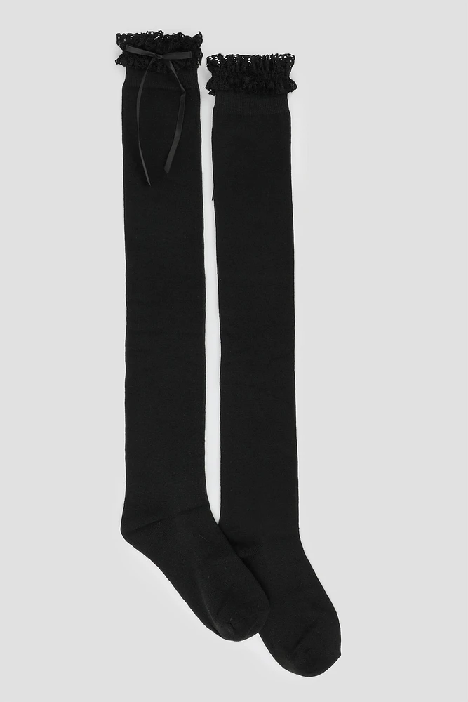 Ardene Lace Trim Over-the-Knee Socks with Bow in Black | Polyester/Spandex
