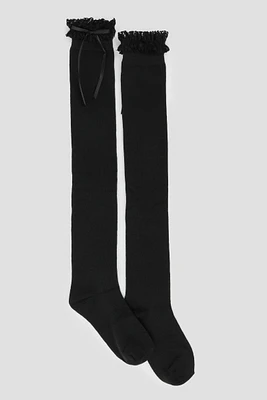 Ardene Lace Trim Over-the-Knee Socks with Bow in Black | Polyester/Spandex