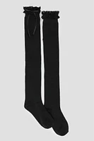 Ardene Lace Trim Over-the-Knee Socks with Bow in Black | Polyester/Spandex