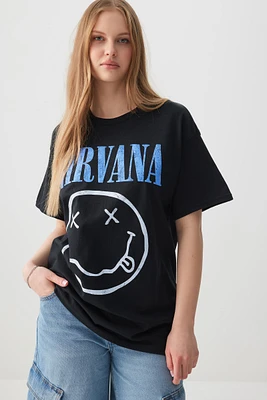 Ardene Oversized Nirvana T-Shirt in Black | Size XL | Cotton