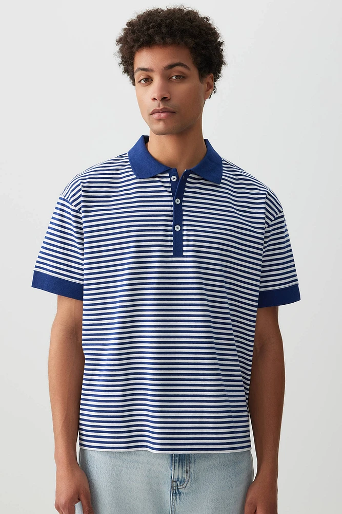 Ardene Man Striped Boxy Polo Shirt For Men in Medium Blue | Size XL | 100% Cotton