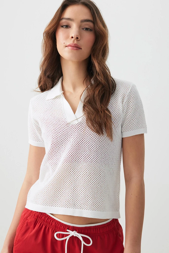 Ardene Open Knit Polo Shirt in White | Size | Polyester/Nylon | Eco-Conscious