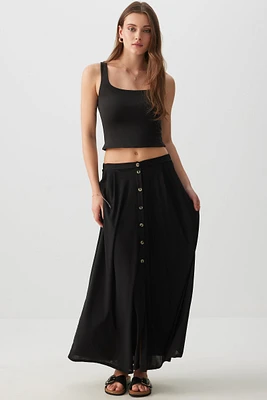 Ardene Button Front Flowy Maxi Skirt in Black | Size | Polyester/Spandex