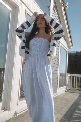 Ardene Striped Linen Blend Tube Dress in Light Blue | Size | Cotton/Viscose