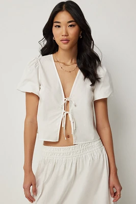 Ardene Boxy Tie Front Blouse in White | Size XS | 100% Cotton