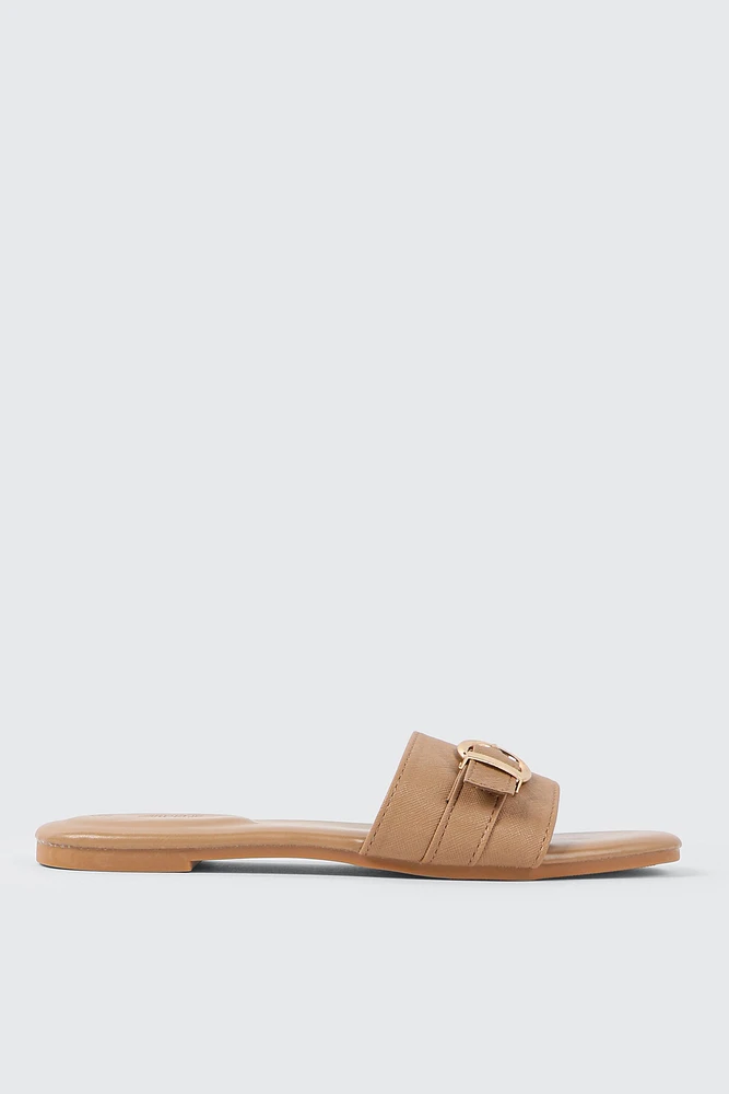Ardene Flat Sandals with Buckle Detail in Beige | Size | Faux Leather | Eco-Conscious