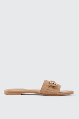 Ardene Flat Sandals with Buckle Detail in Beige | Size | Faux Leather | Eco-Conscious