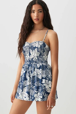 Ardene Floral Smocked Bodice Romper in Dark Blue | Size | Polyester/Spandex