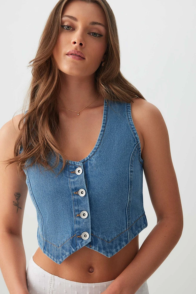 Ardene Denim Tailored Vest in Medium Blue | Size Medium | 100% Cotton